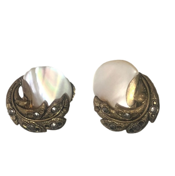 VTG 1940s Triad Mother of Pearl & Marcasite Clip On Earrings .4” - Picture 1 of 5